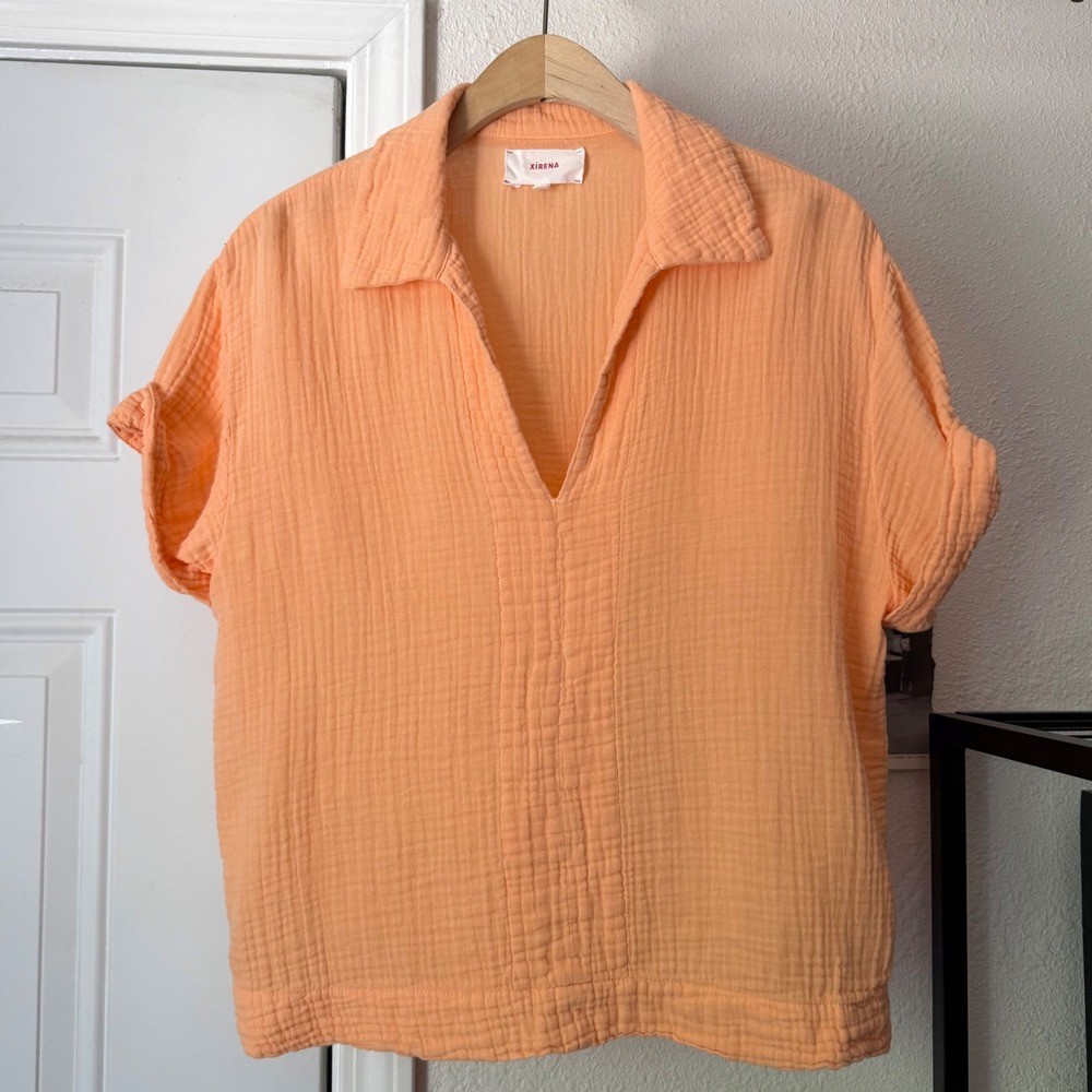 XIRENA peach creamsicle orange cotton gauze boxy cropped shirt top